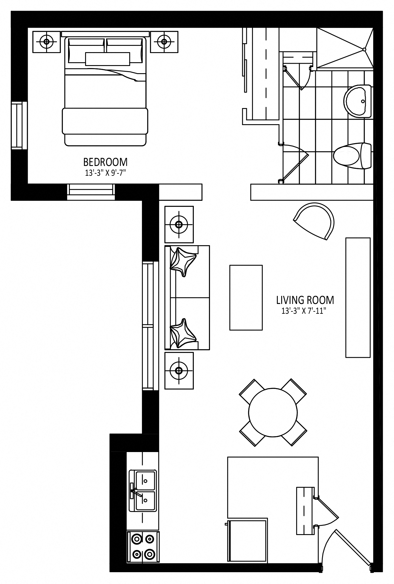 Floor plan for 1 bed, 1 bath, 613 sqft